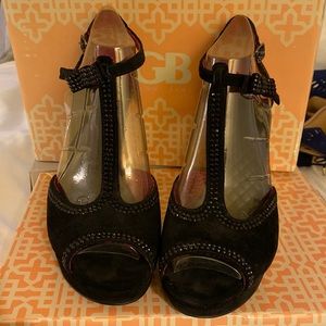 Black suede embellished platform t-strap sandal